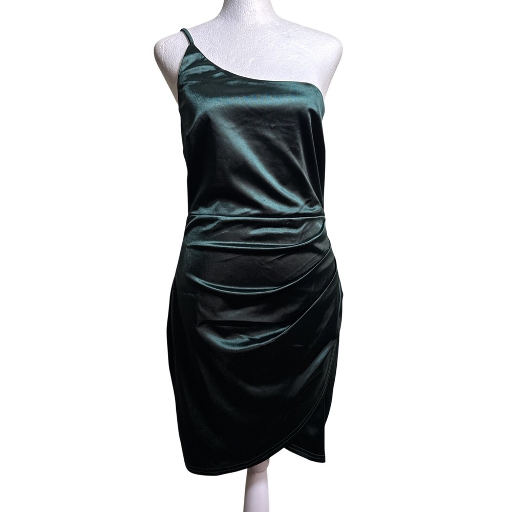 Windsor Dress Emerald Green Satin One Shoulder Ruched Cocktail Mini Bodycon